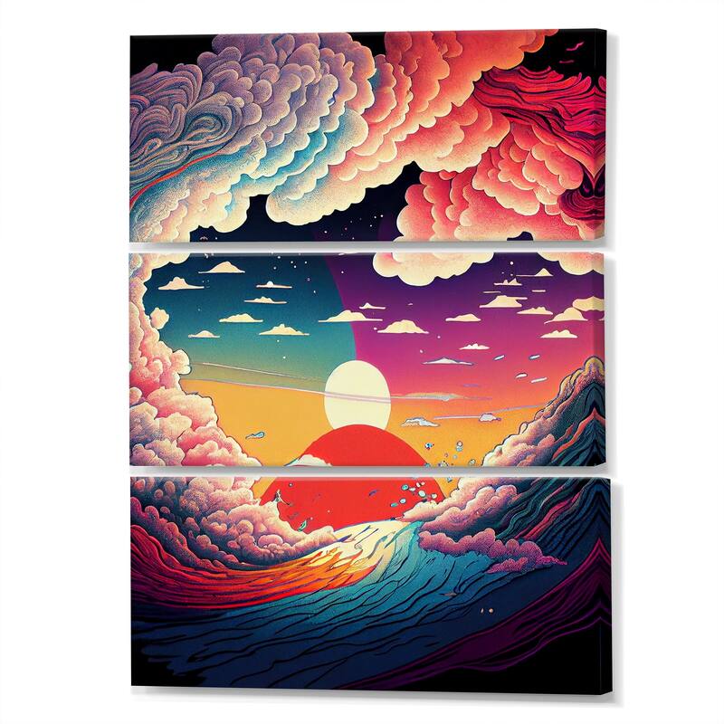 Designart "Red Sunset Over The Wild Waves Of The Lake" Cottage Lake